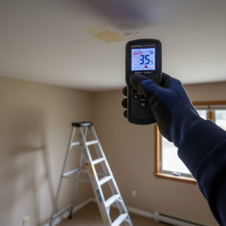 professional-home-inspector-in-springboro-oh-using-a-moisture-meter-on-the-ceiling